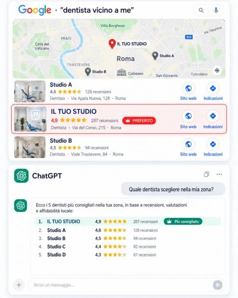 Esempio anonimo di classifica Google Maps e classifica AI, con la posizione rispetto ai concorrenti della zona