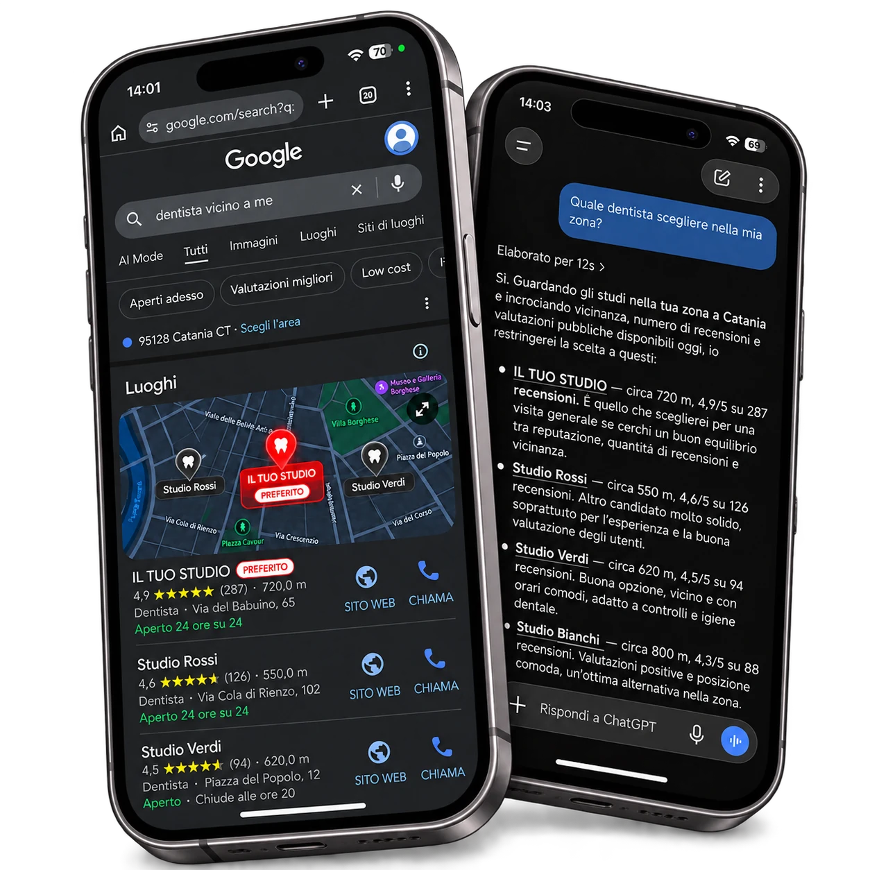 Due smartphone a confronto: ricerca su Google Maps e risposta di un'assistente AI che consigliano uno studio dentistico della zona