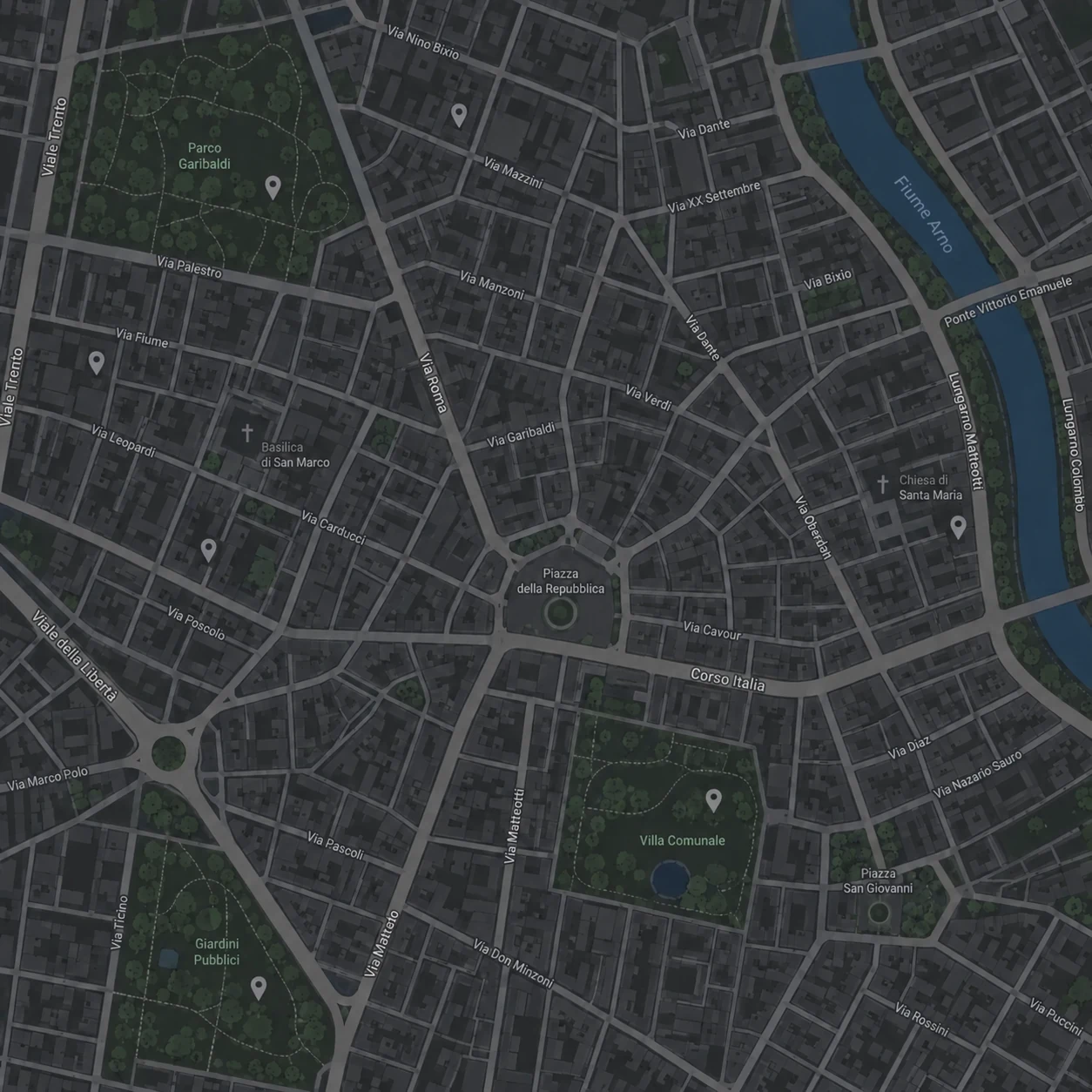 Mappa illustrativa di un quartiere in modalità notte.