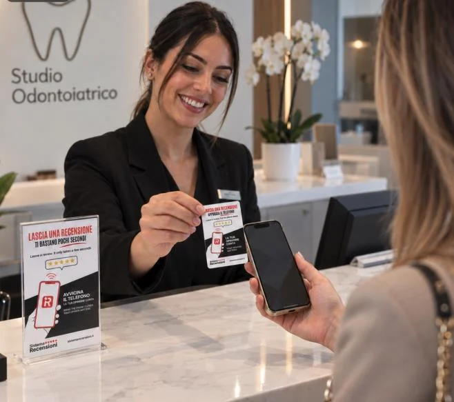 Alla reception di uno studio, una collaboratrice avvicina una card NFC al telefono di una paziente per raccogliere una recensione