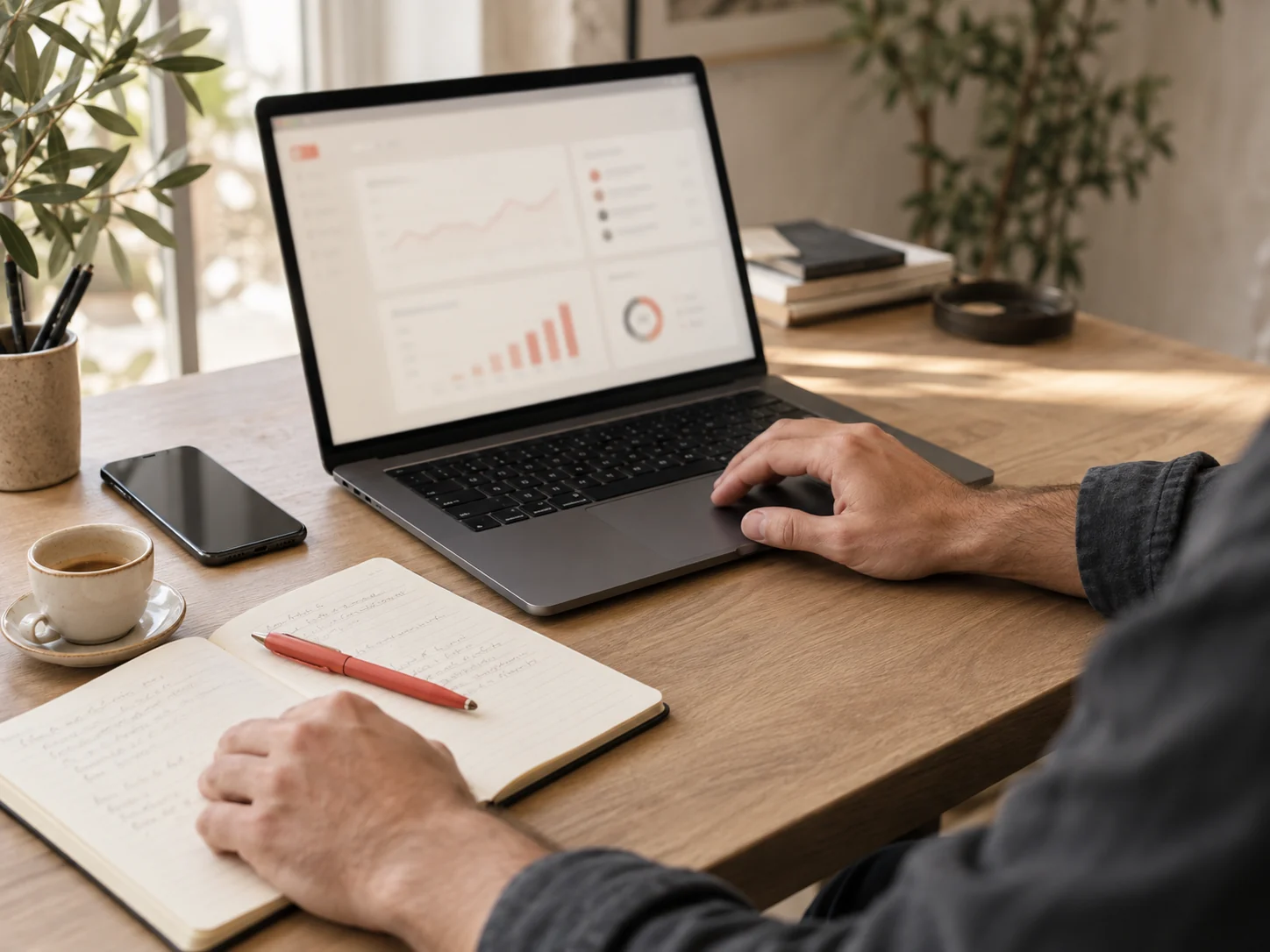 Scena illustrativa di lavoro: computer, smartphone e appunti per organizzare le attività di gestione delle recensioni.