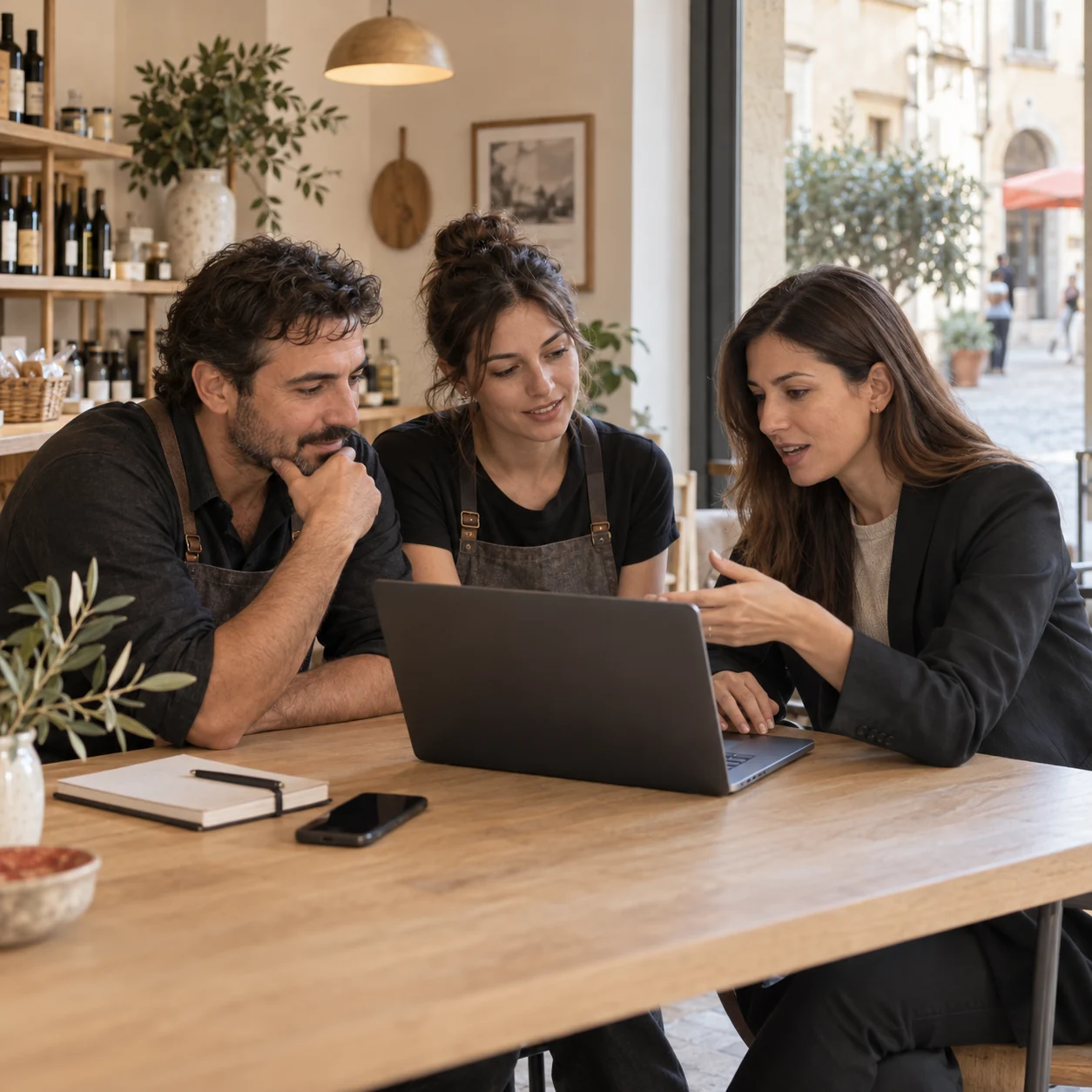 Scena illustrativa: il team di un’attività locale lavora al computer insieme a una specialista.